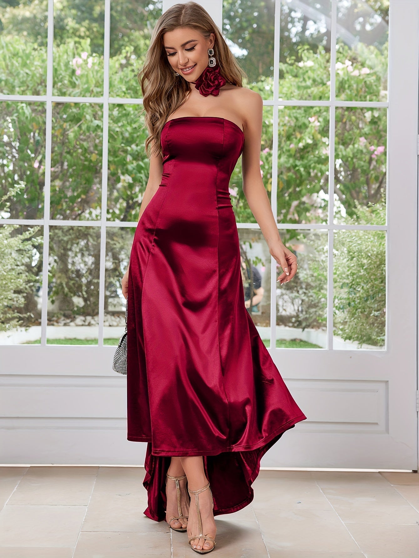 VougeVamp Elegant Satin High-Low Wedding Dress – Strapless A-Line Bridesmaid Gown - VougeVampUK