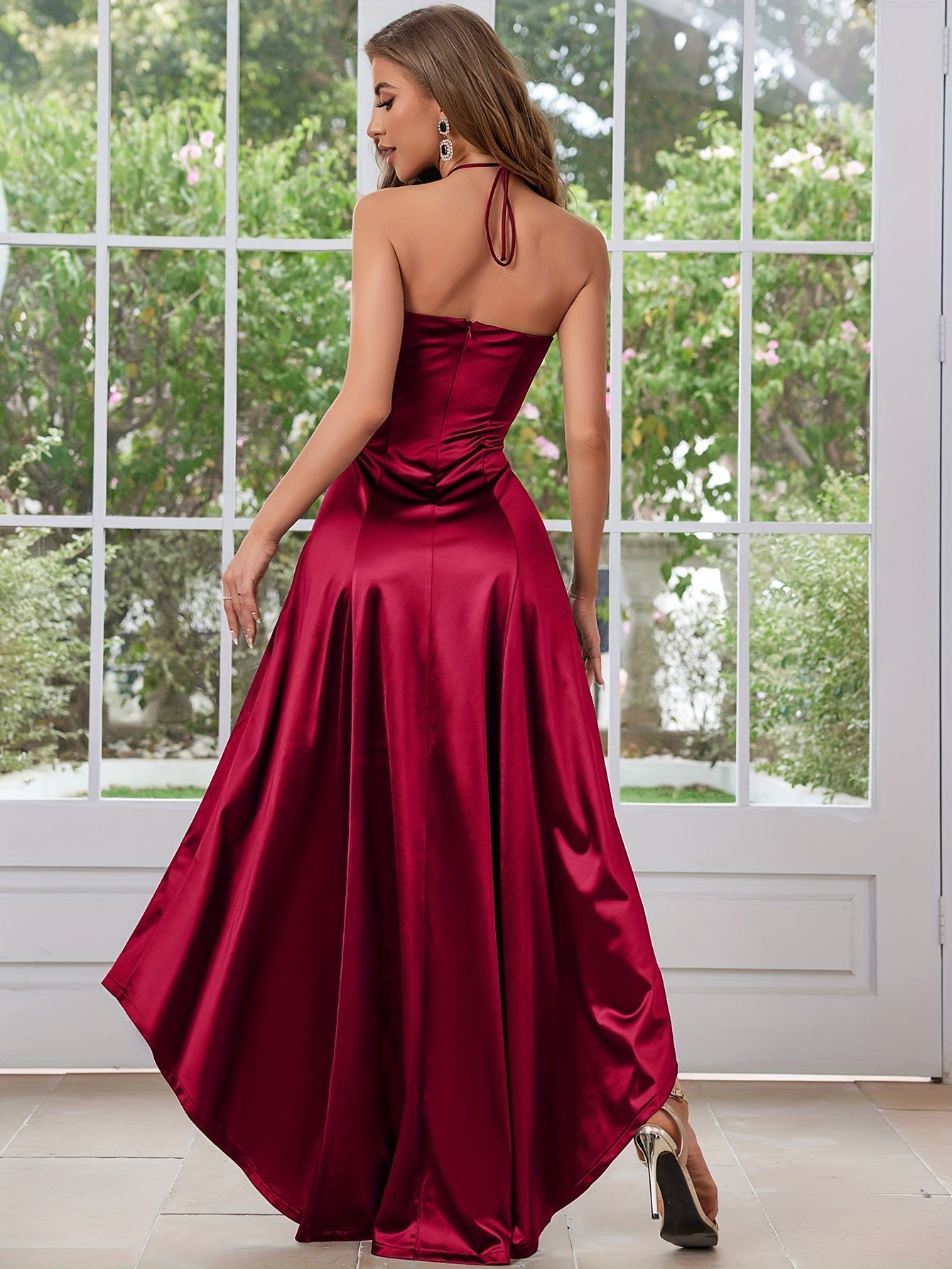 VougeVamp Elegant Satin High-Low Wedding Dress – Strapless A-Line Bridesmaid Gown - VougeVampUK