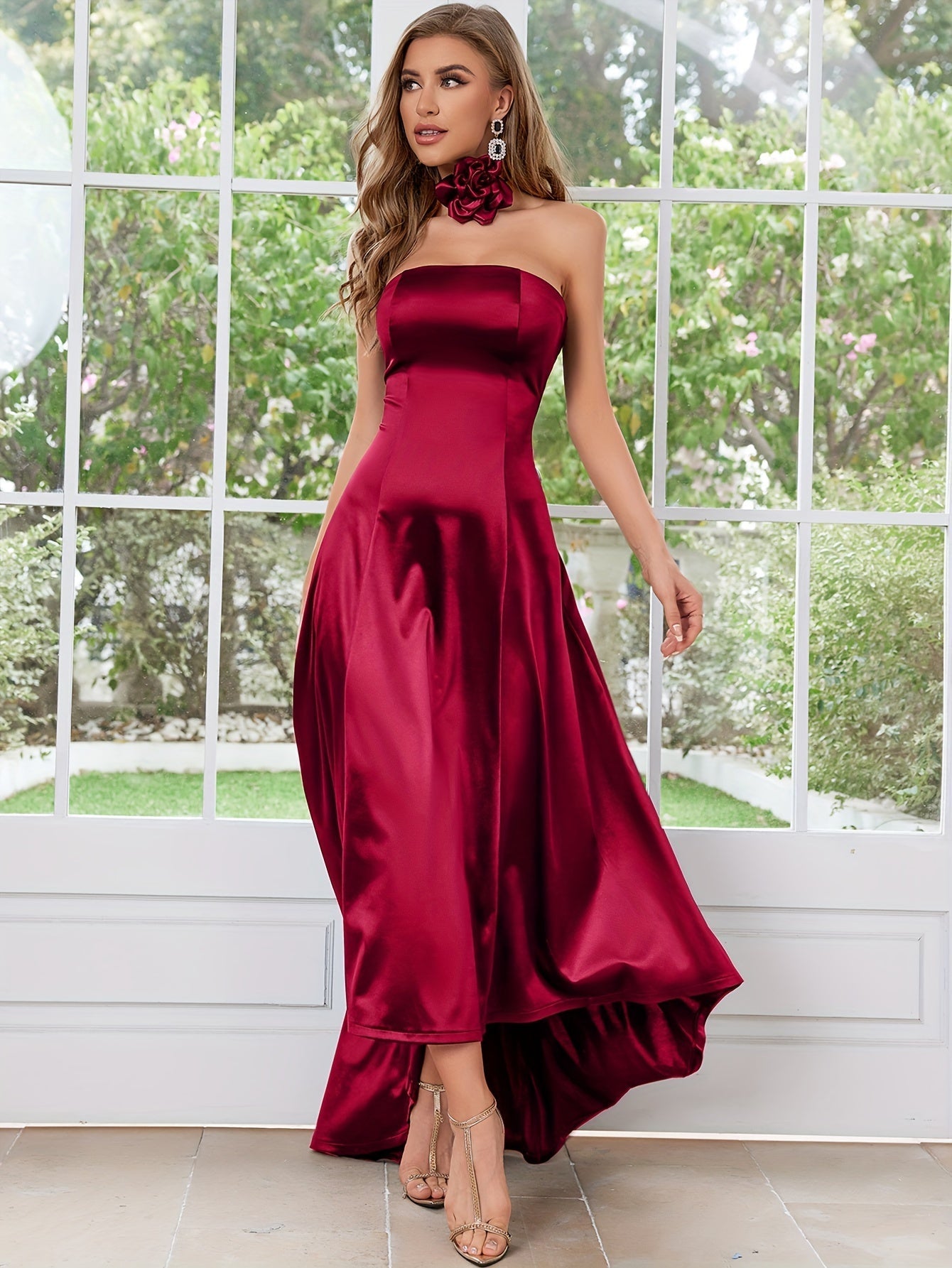 VougeVamp Elegant Satin High-Low Wedding Dress – Strapless A-Line Bridesmaid Gown - VougeVampUK