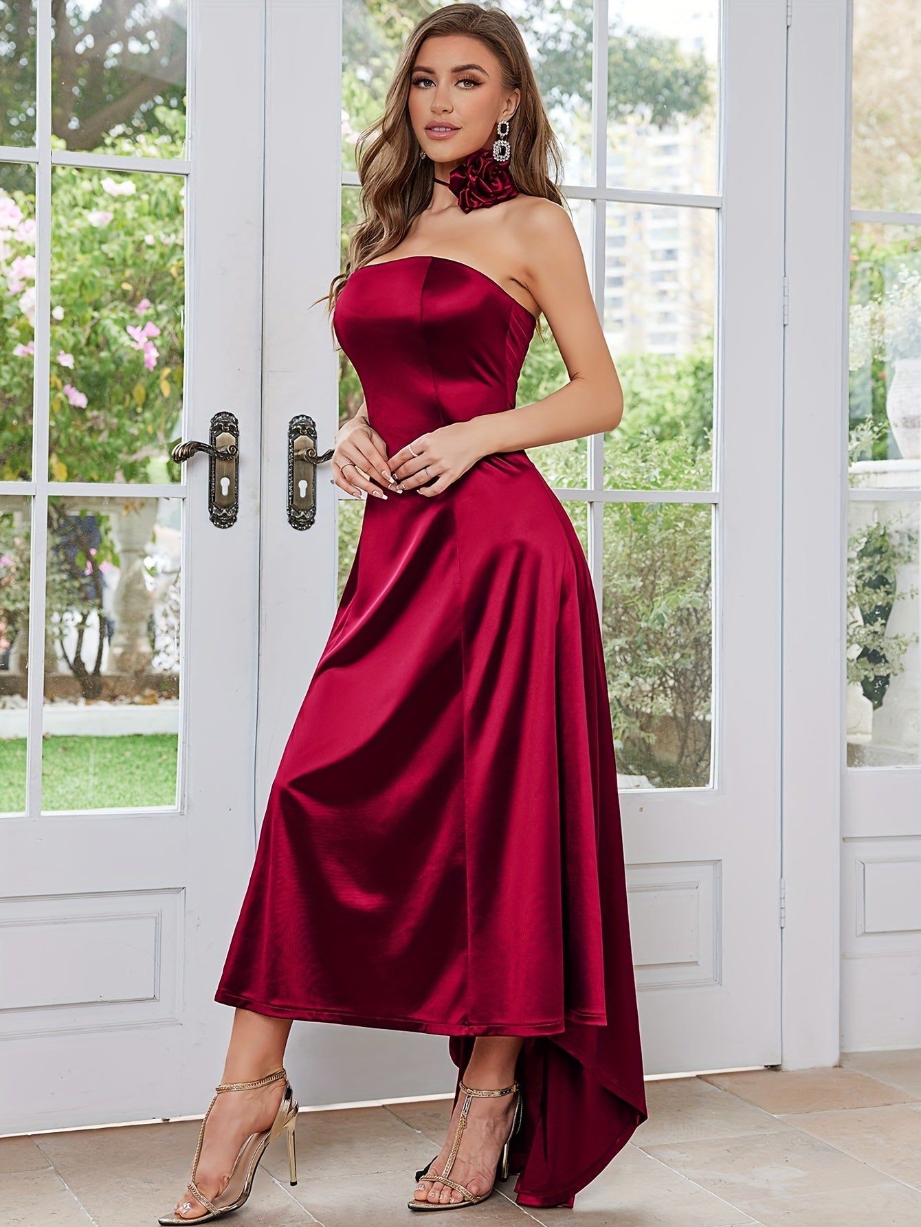 VougeVamp Elegant Satin High-Low Wedding Dress – Strapless A-Line Bridesmaid Gown - VougeVampUK
