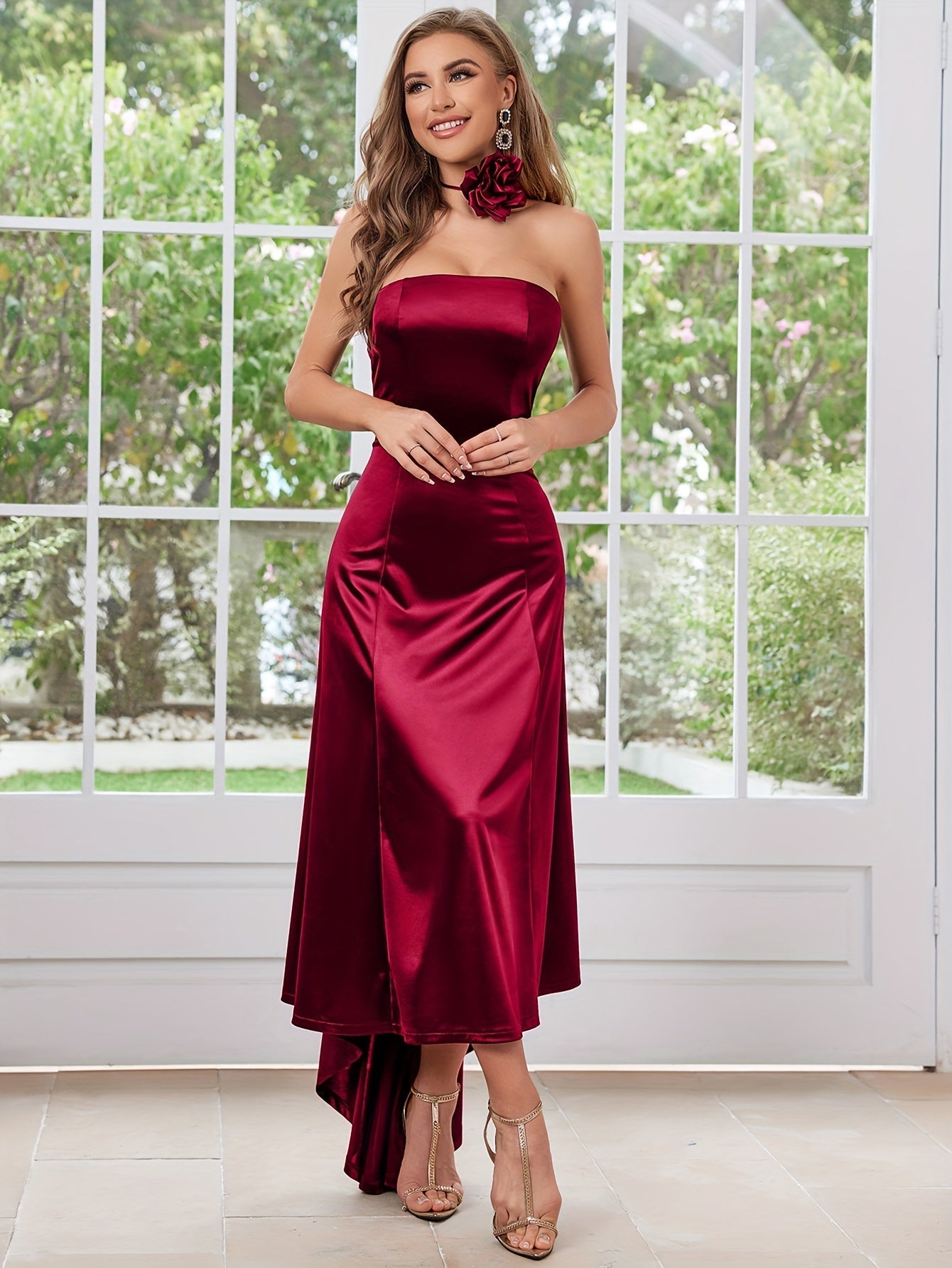 VougeVamp Elegant Satin High-Low Wedding Dress – Strapless A-Line Bridesmaid Gown - VougeVampUK