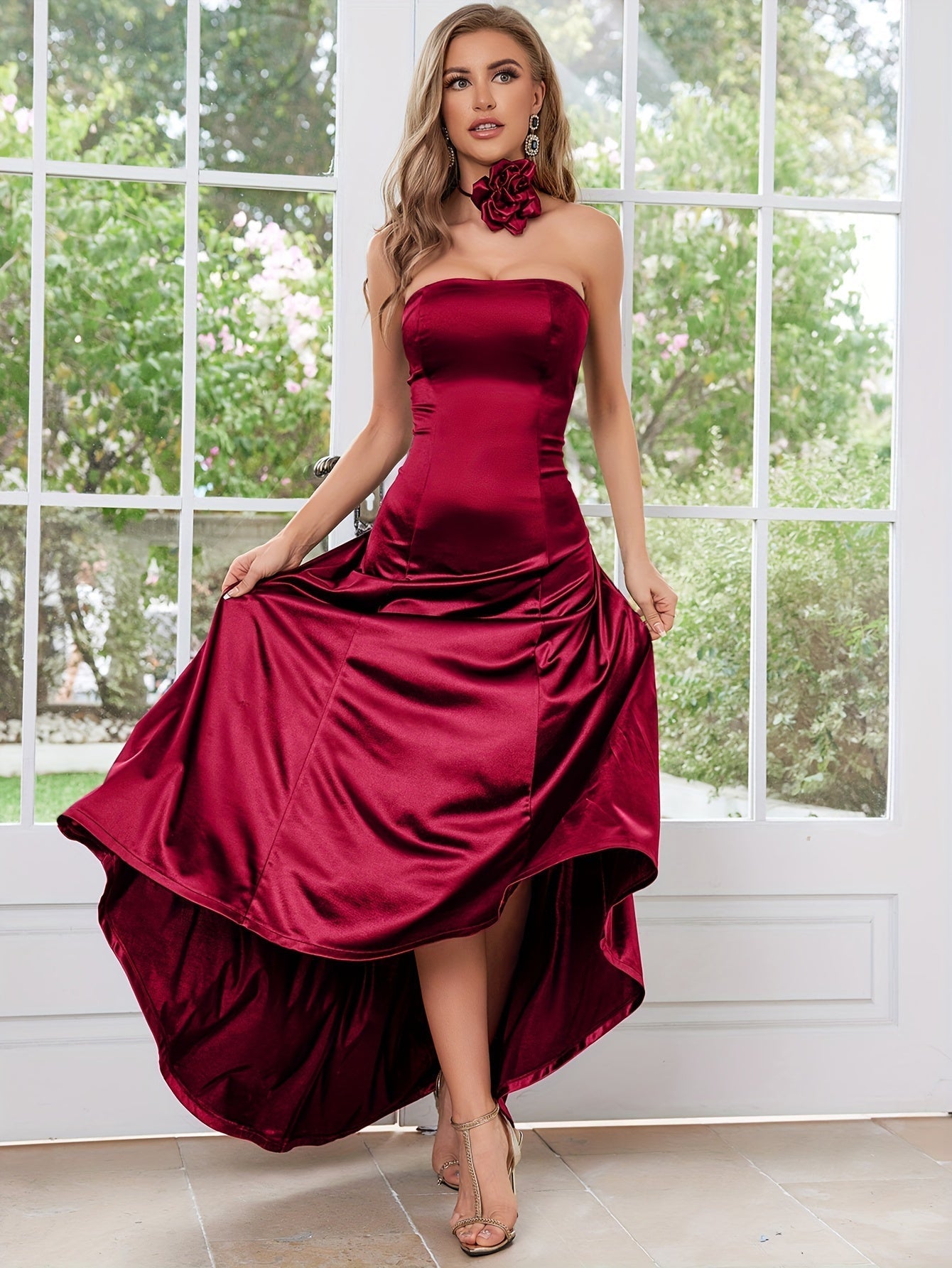 VougeVamp Elegant Satin High-Low Wedding Dress – Strapless A-Line Bridesmaid Gown - VougeVampUK
