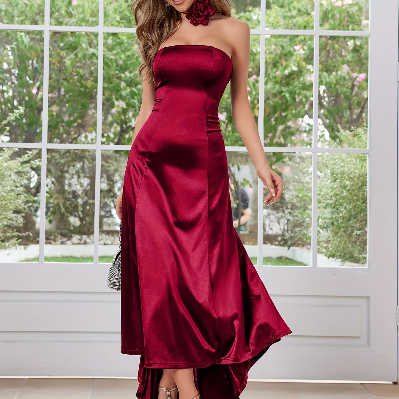 VougeVamp Elegant Satin High-Low Wedding Dress – Strapless A-Line Bridesmaid Gown - VougeVampUK
