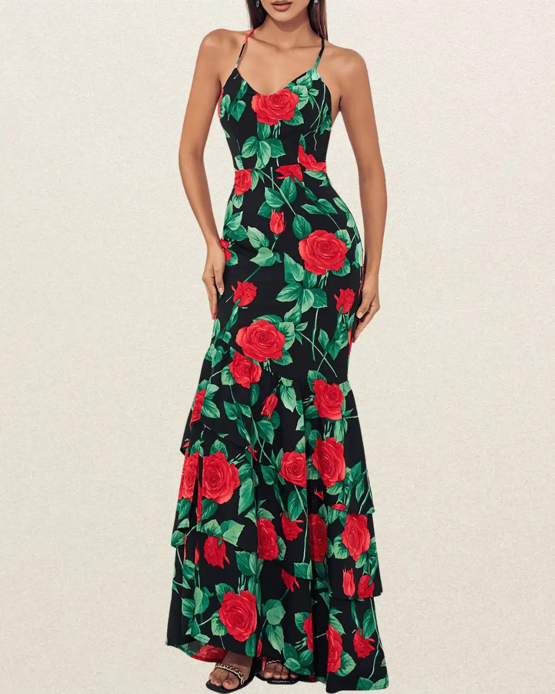 Floral Halter Mermaid Bridesmaid Dress - Sleeveless, Floor-Length, Bodycon Gown, Evening Party Dress