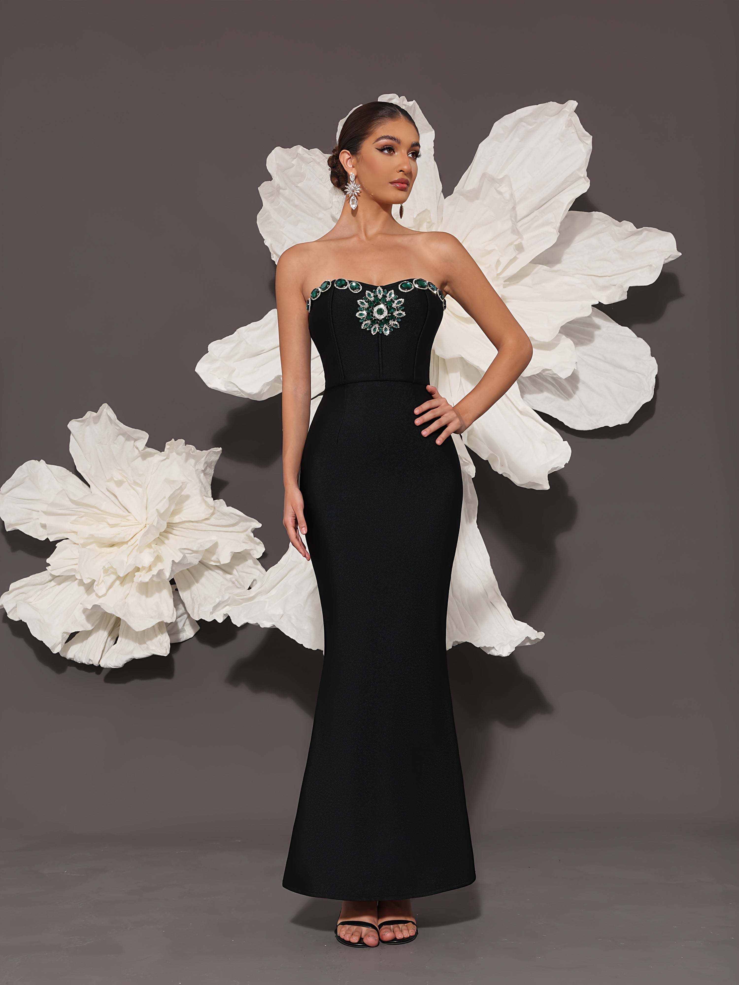 VougeVamp Women's Rhinestone Bandage Evening Dress – Elegant Black Formal Gown for Weddings & Proms