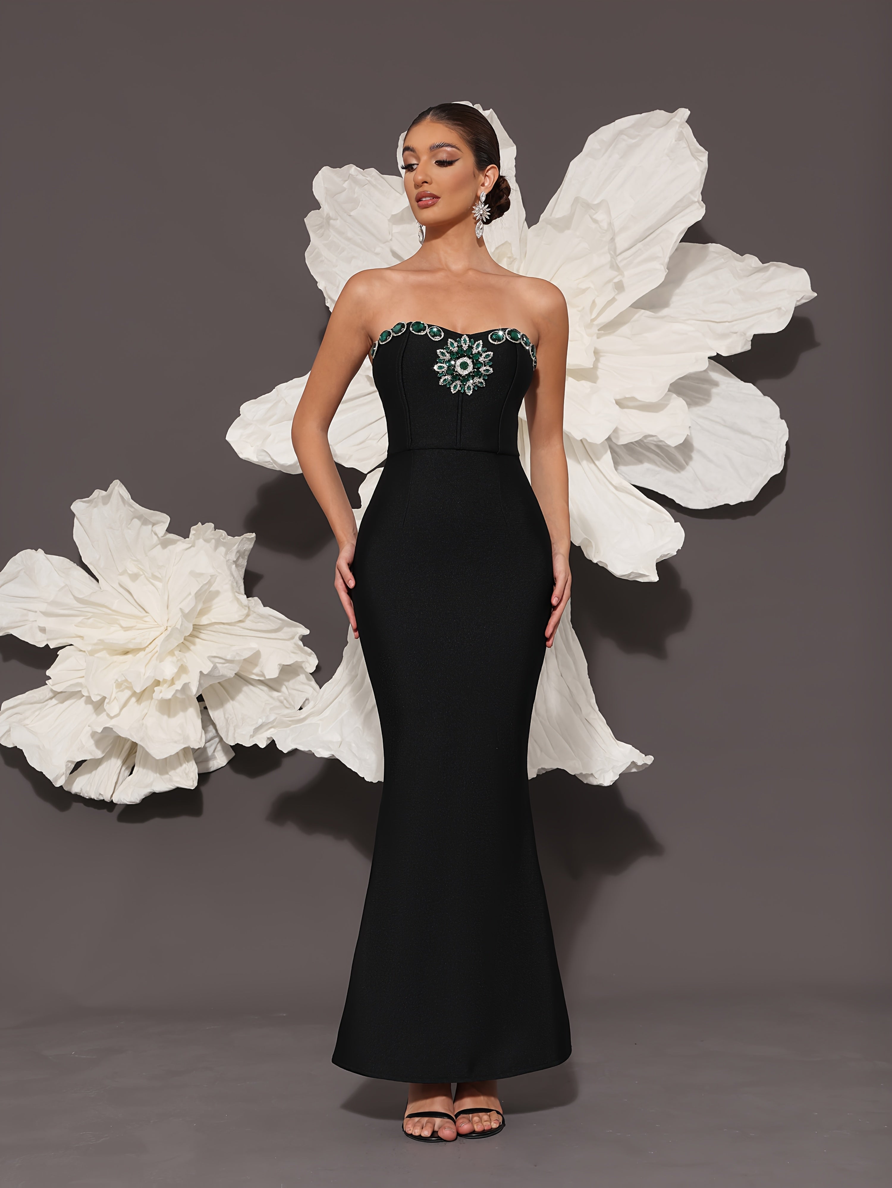 VougeVamp Women's Rhinestone Bandage Evening Dress – Elegant Black Formal Gown for Weddings & Proms