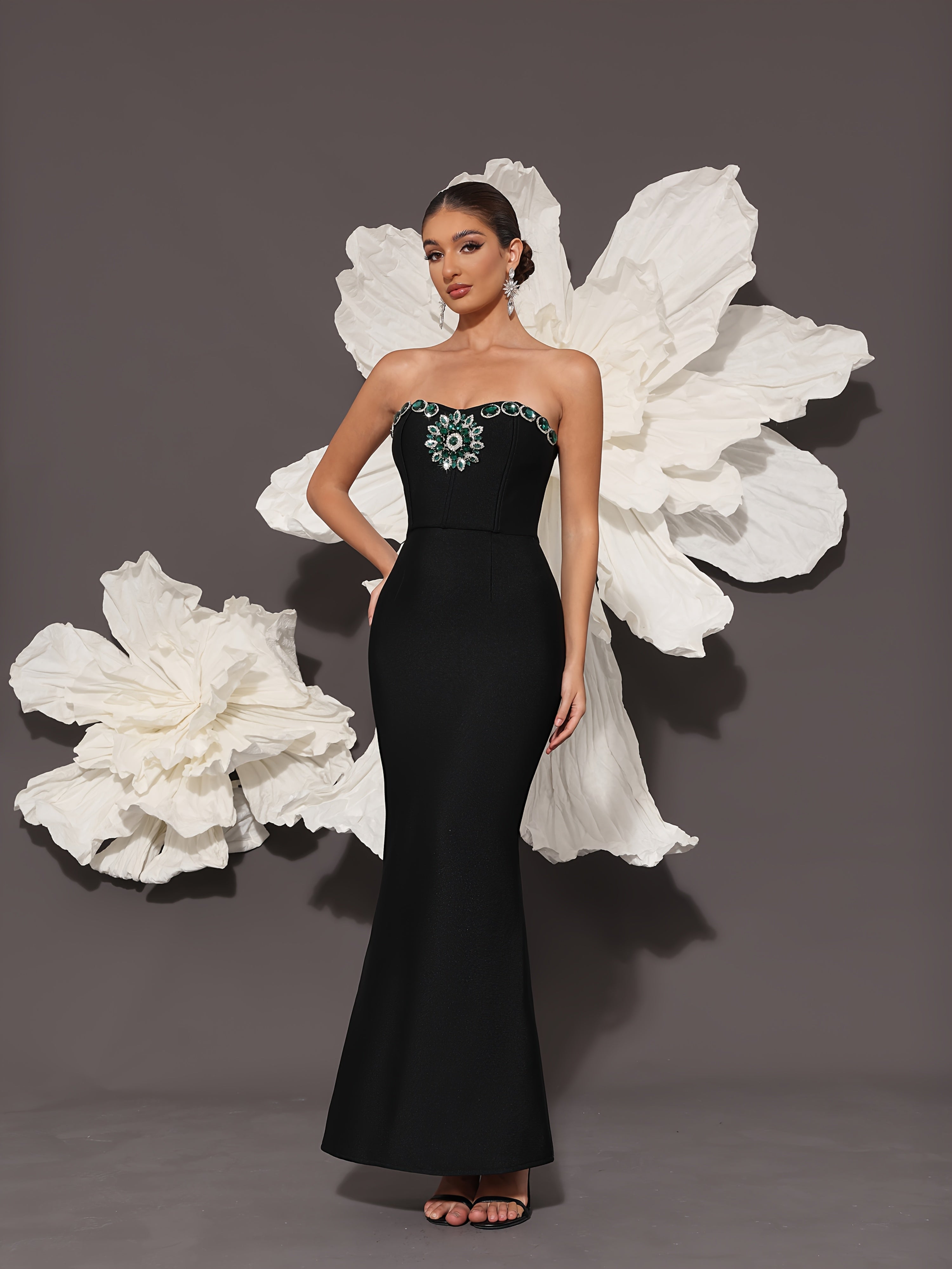 VougeVamp Women's Rhinestone Bandage Evening Dress – Elegant Black Formal Gown for Weddings & Proms