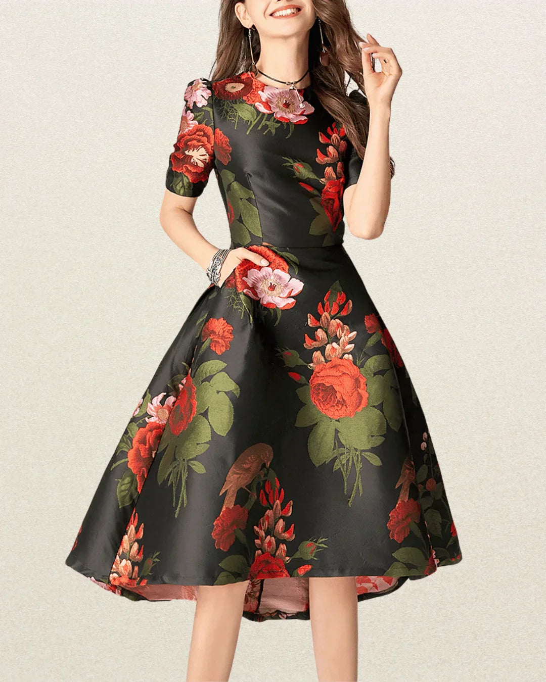 VougeVamp Luxury Brocade Short Sleeve Swallow Tail Dress – Elegant Floral Party & Prom Gown