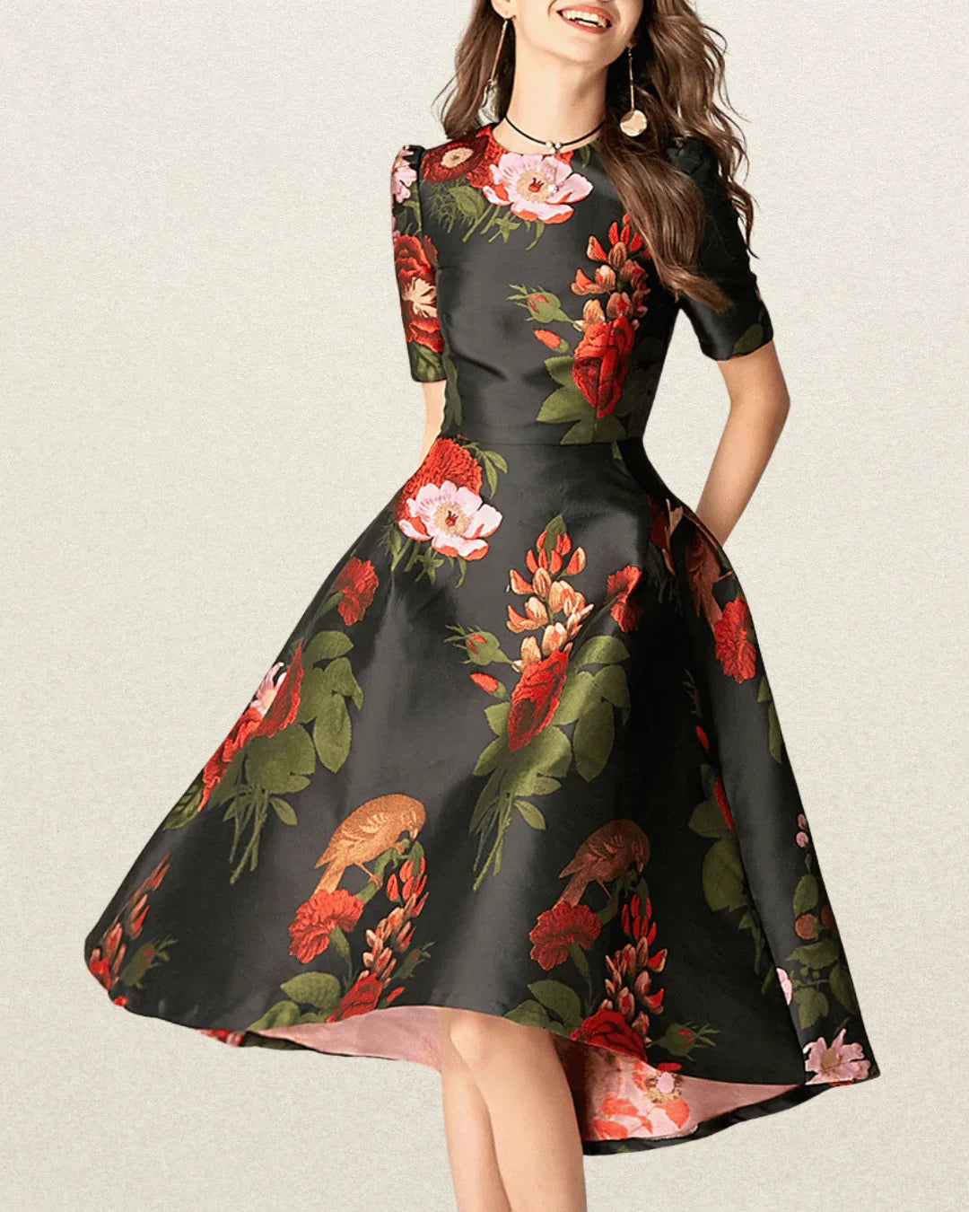 VougeVamp Luxury Brocade Short Sleeve Swallow Tail Dress – Elegant Floral Party & Prom Gown