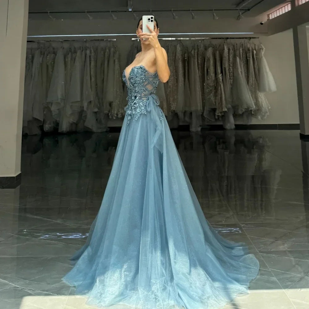 VougeVamp Exquisite A-Line Lace Embroidery Prom Dress - Elegant Strapless Floor-Length Wedding Gown with Side Split - VougeVampUK