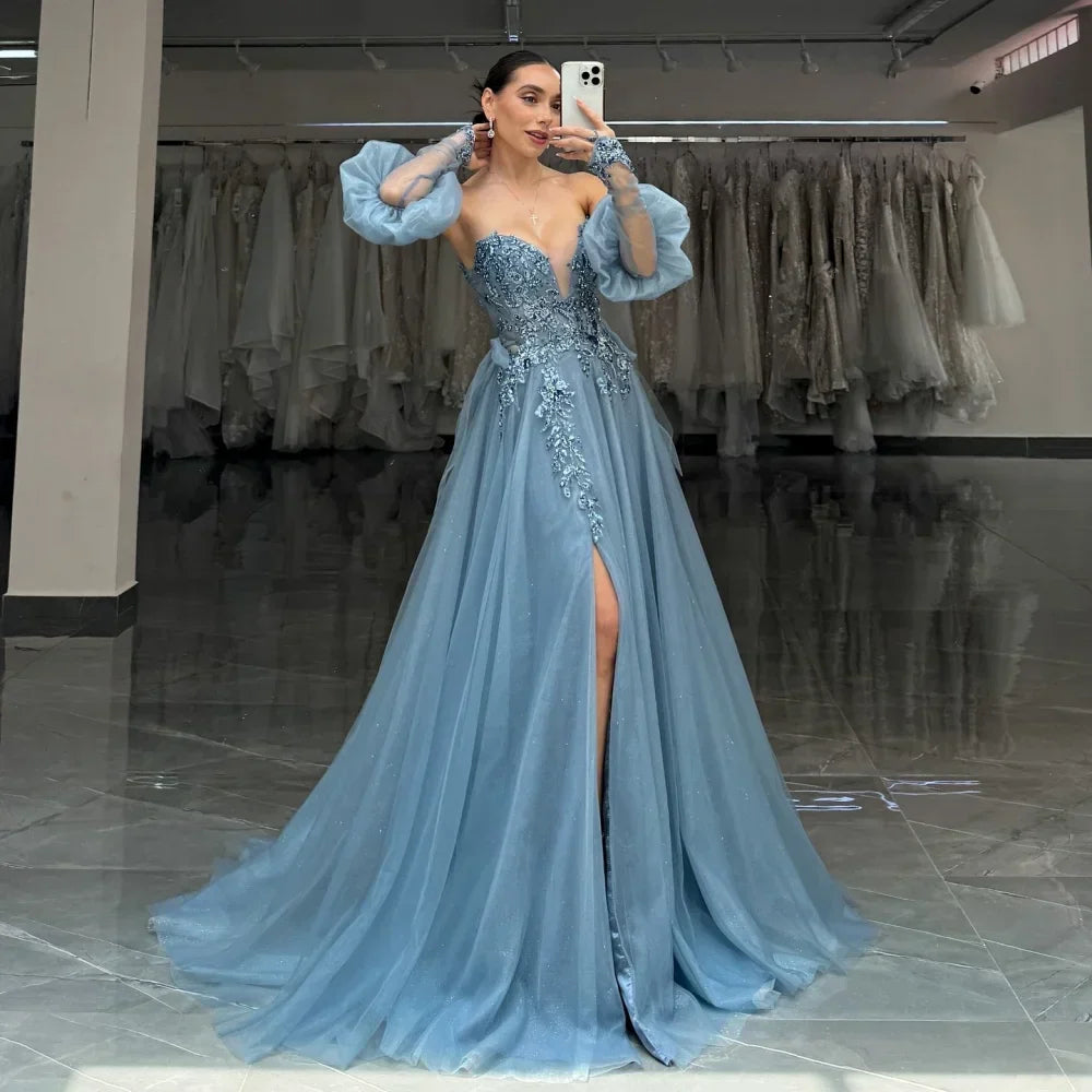 VougeVamp Exquisite A-Line Lace Embroidery Prom Dress - Elegant Strapless Floor-Length Wedding Gown with Side Split - VougeVampUK