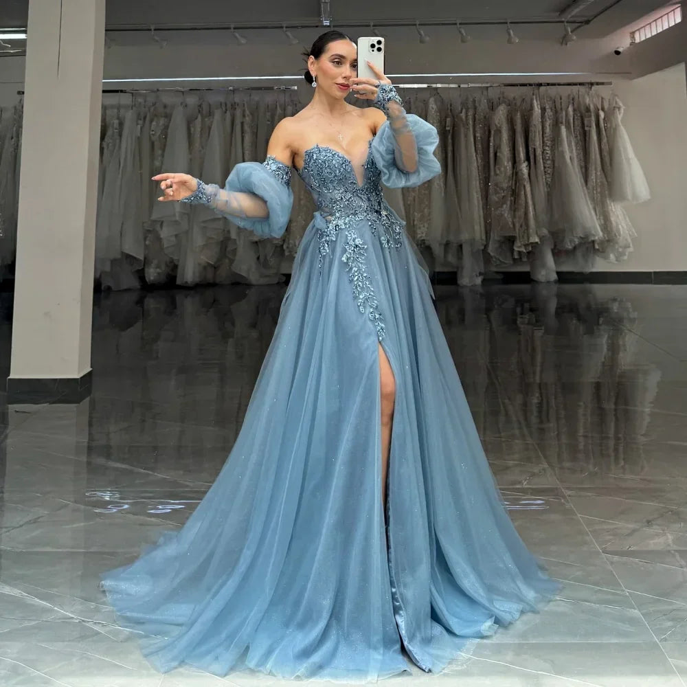 VougeVamp Exquisite A-Line Lace Embroidery Prom Dress - Elegant Strapless Floor-Length Wedding Gown with Side Split - VougeVampUK