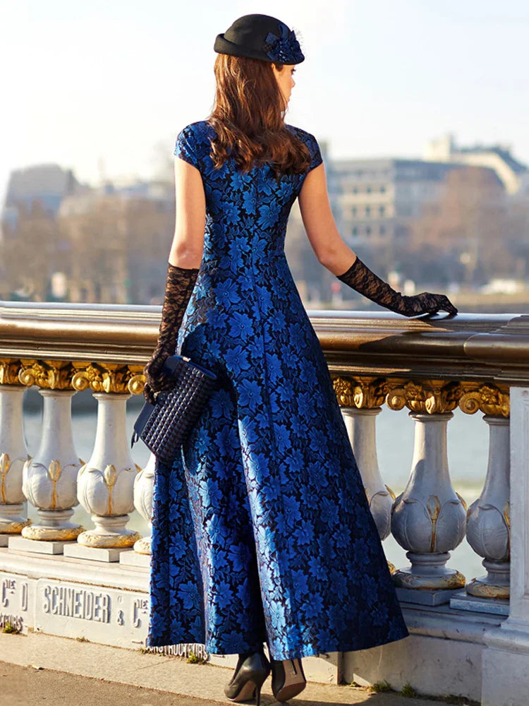 Blue Floral Jacquard Maxi Dress – Vintage-Inspired Long Party Gown for Women, Evening Dress