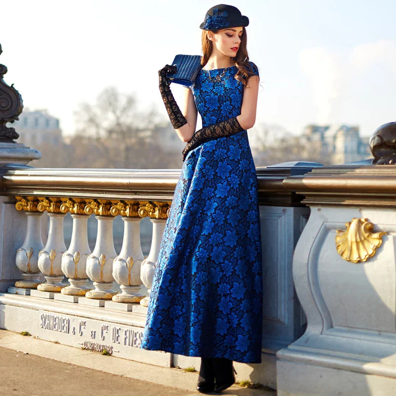 Blue Floral Jacquard Maxi Dress – Vintage-Inspired Long Party Gown for Women, Evening Dress