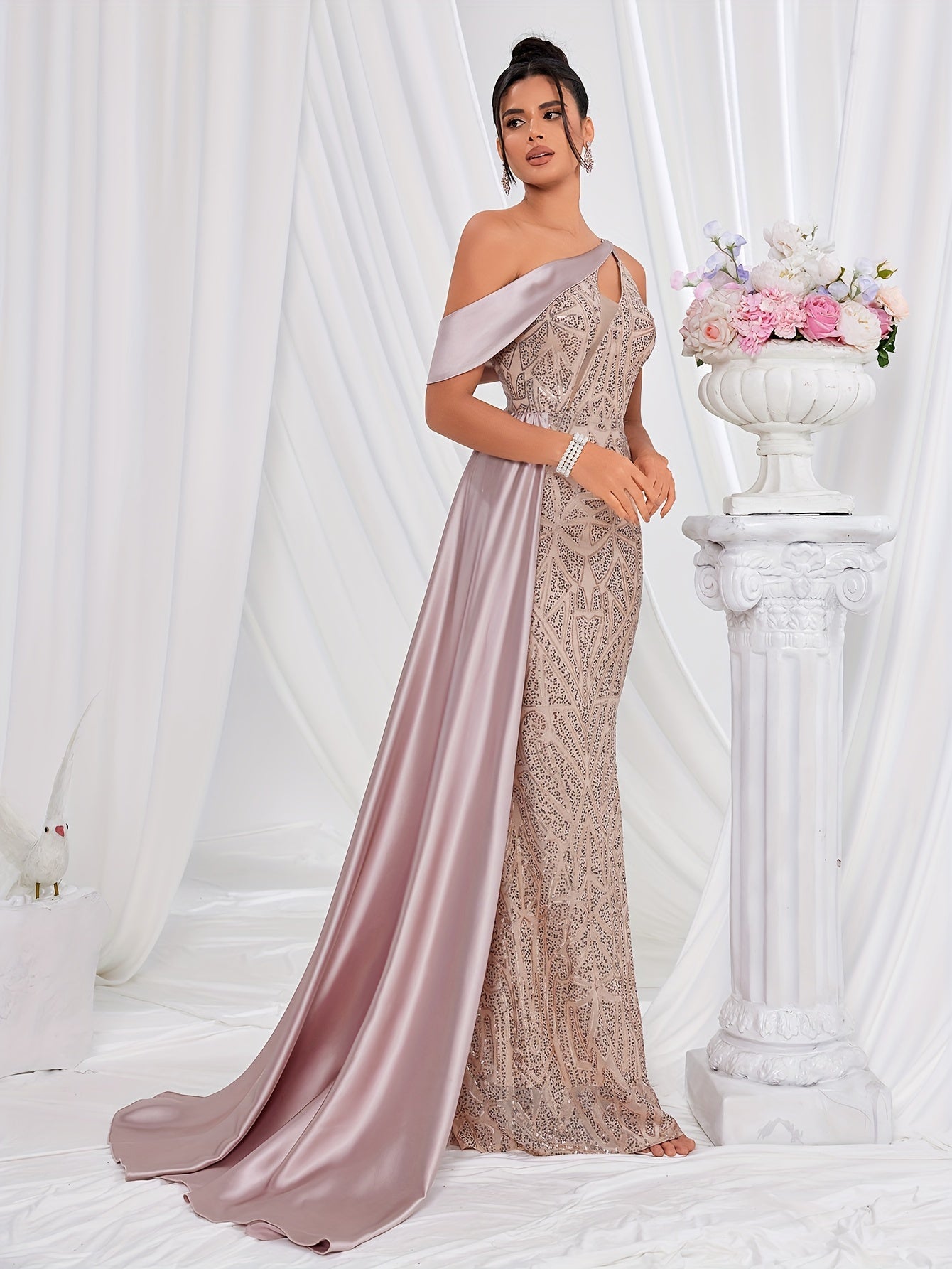 VougeVamp One-Shoulder Sequin Backless Gown – Elegant Floor-Length Bridesmaid Dress