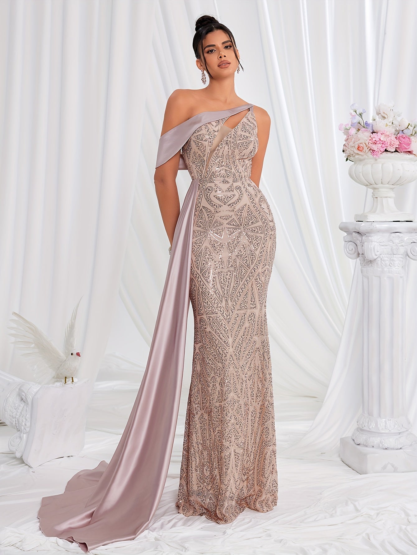 VougeVamp One-Shoulder Sequin Backless Gown – Elegant Floor-Length Bridesmaid Dress