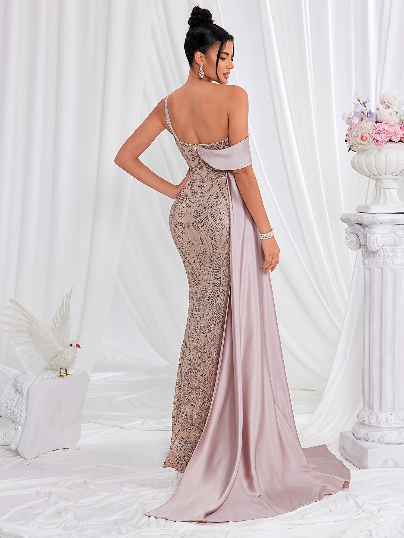 VougeVamp One-Shoulder Sequin Backless Gown – Elegant Floor-Length Bridesmaid Dress