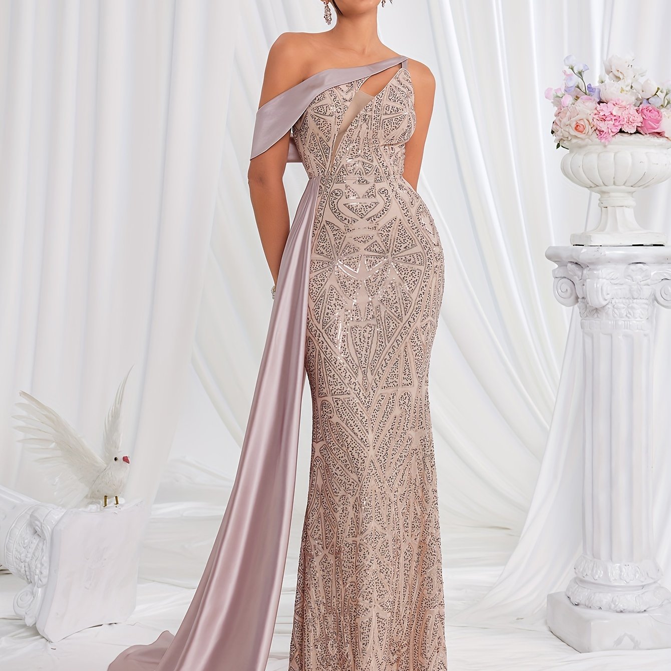 VougeVamp One-Shoulder Sequin Backless Gown – Elegant Floor-Length Bridesmaid Dress