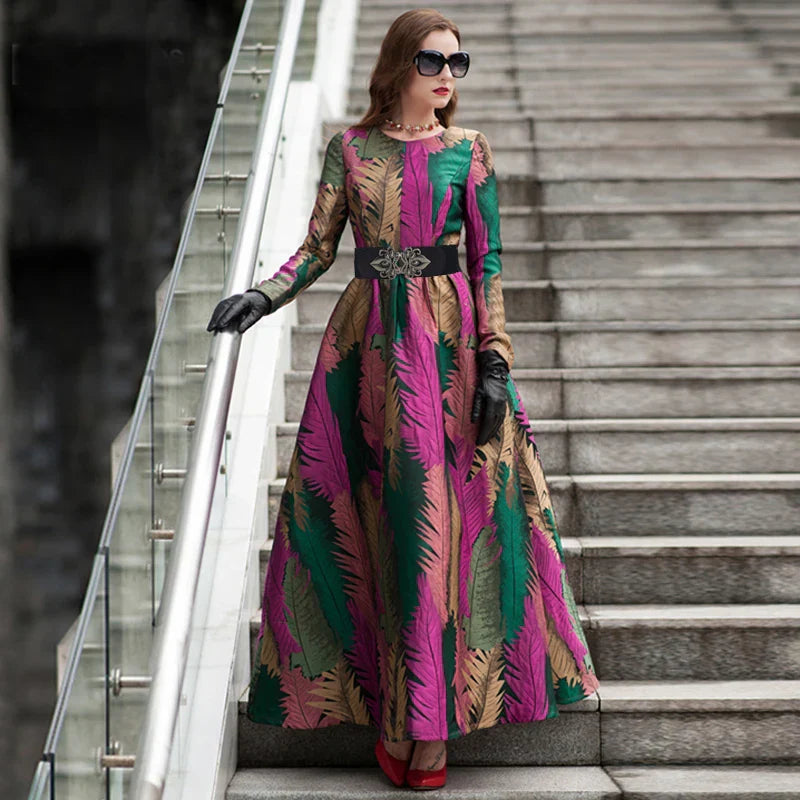 VougeVamp Elegant Floral Jacquard Maxi Dress – Long Sleeve Leaf Pattern Gown for Autumn & Winter Parties