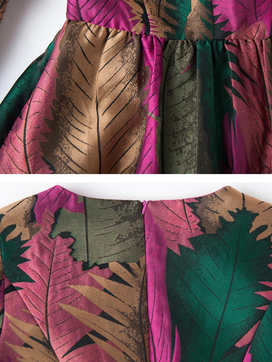 VougeVamp Elegant Floral Jacquard Maxi Dress – Long Sleeve Leaf Pattern Gown for Autumn & Winter Parties