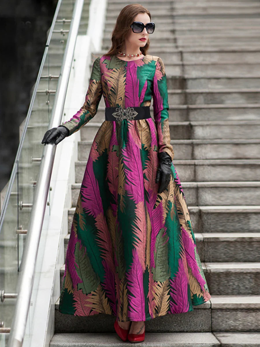 VougeVamp Elegant Floral Jacquard Maxi Dress – Long Sleeve Leaf Pattern Gown for Autumn & Winter Parties