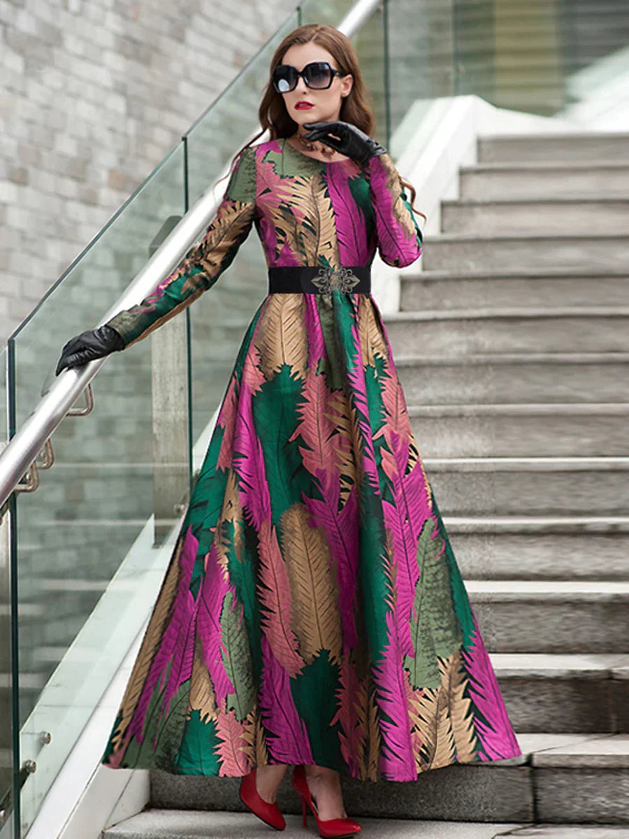 VougeVamp Elegant Floral Jacquard Maxi Dress – Long Sleeve Leaf Pattern Gown for Autumn & Winter Parties