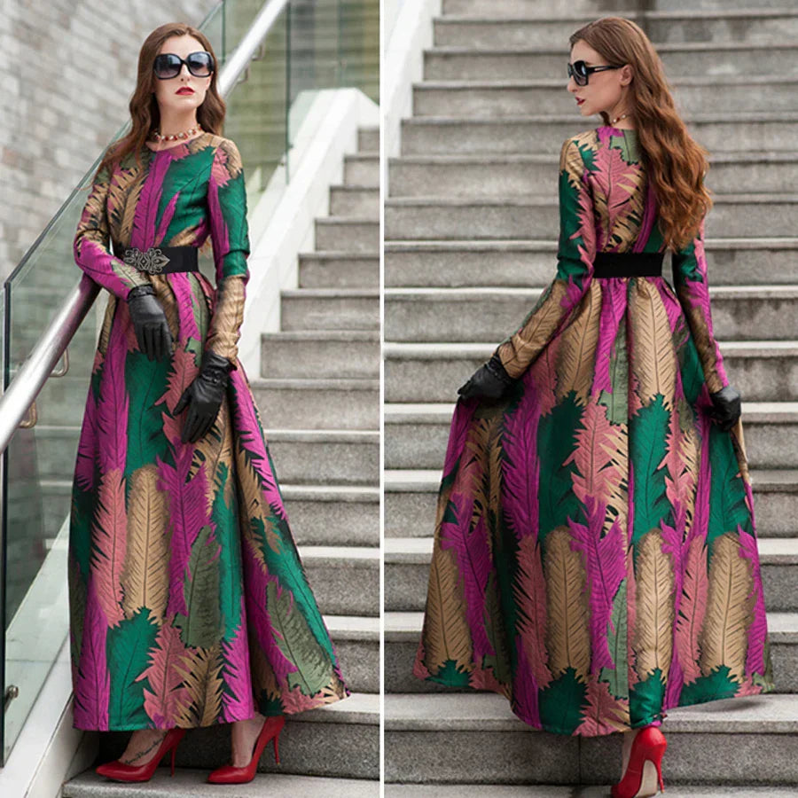 VougeVamp Elegant Floral Jacquard Maxi Dress – Long Sleeve Leaf Pattern Gown for Autumn & Winter Parties