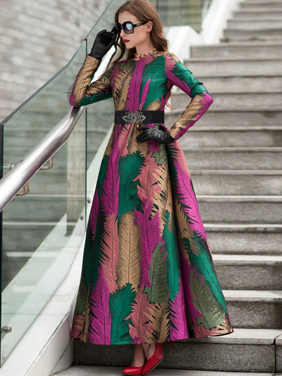 VougeVamp Elegant Floral Jacquard Maxi Dress – Long Sleeve Leaf Pattern Gown for Autumn & Winter Parties