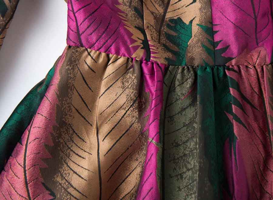 VougeVamp Elegant Floral Jacquard Maxi Dress – Long Sleeve Leaf Pattern Gown for Autumn & Winter Parties