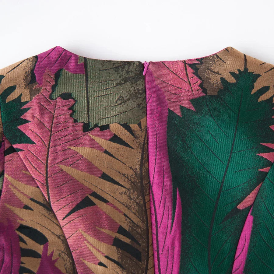 VougeVamp Elegant Floral Jacquard Maxi Dress – Long Sleeve Leaf Pattern Gown for Autumn & Winter Parties