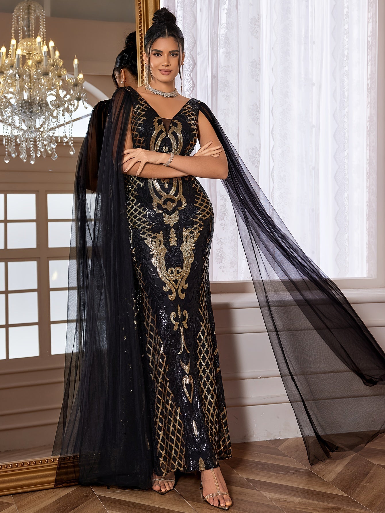 VougeVamp Elegant Geometric Sequined Evening Gown – V-Neck Bodycon Dress with Sheer Overlay - VougeVampUK