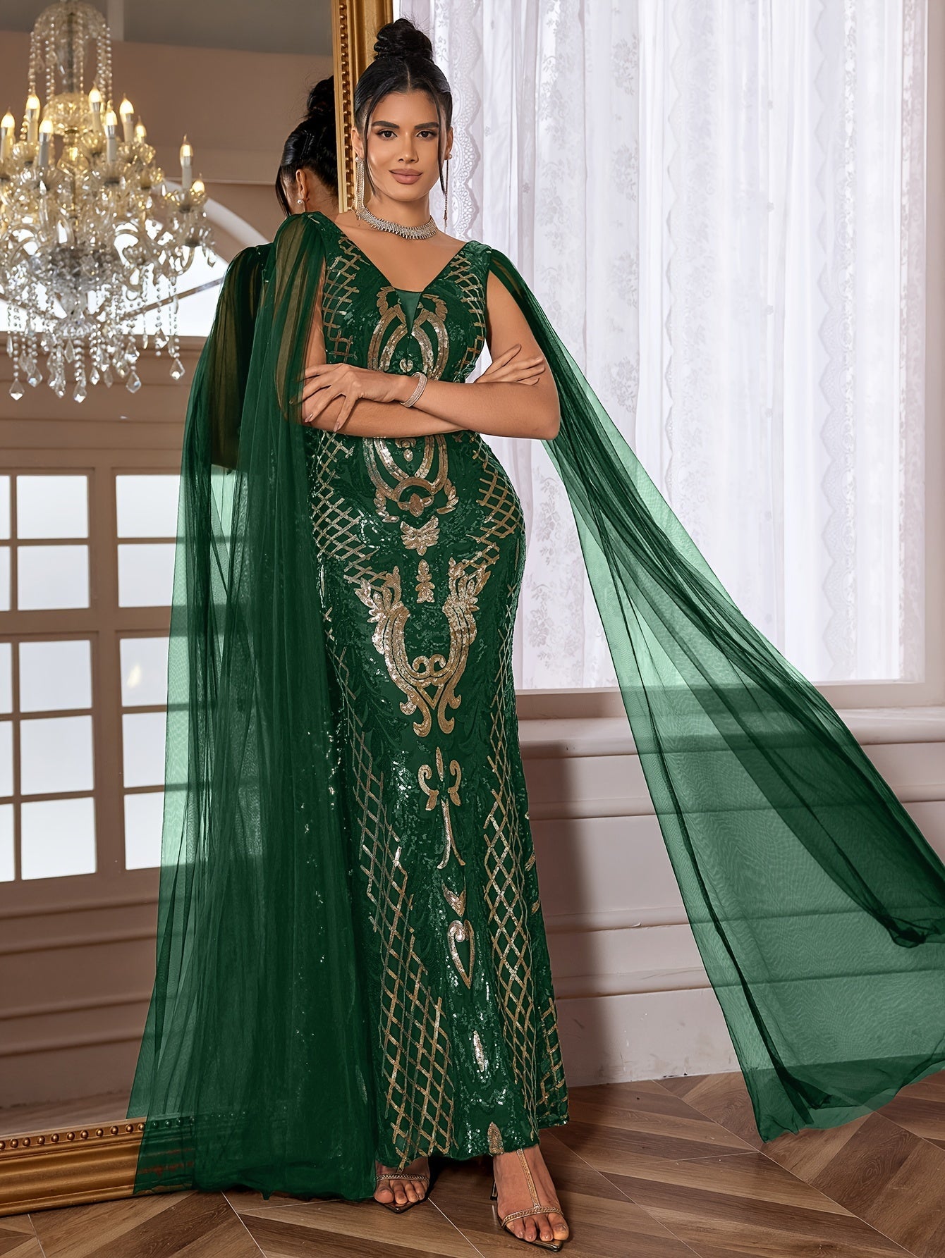 VougeVamp Elegant Geometric Sequined Evening Gown – V-Neck Bodycon Dress with Sheer Overlay - VougeVampUK