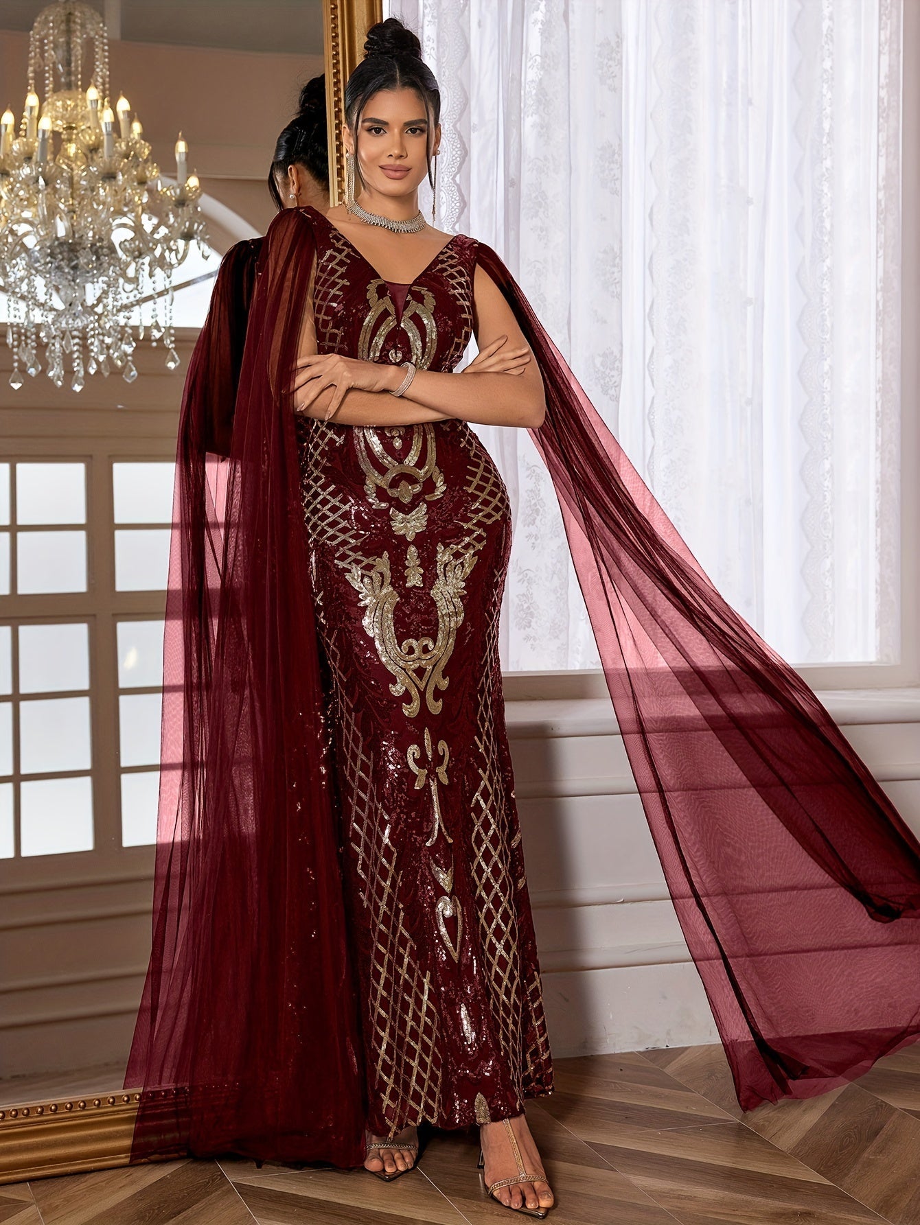 VougeVamp Elegant Geometric Sequined Evening Gown – V-Neck Bodycon Dress with Sheer Overlay - VougeVampUK