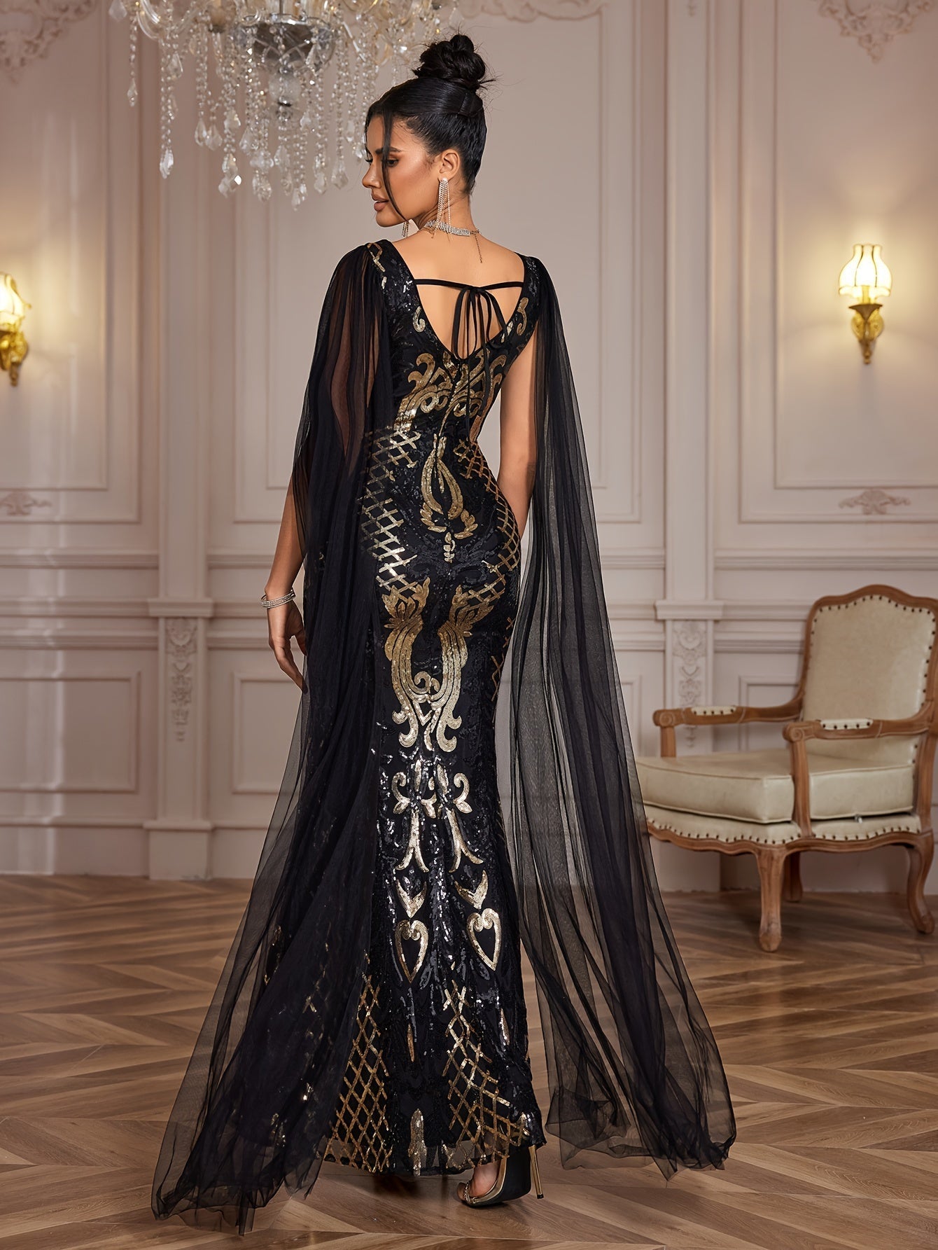 VougeVamp Elegant Geometric Sequined Evening Gown – V-Neck Bodycon Dress with Sheer Overlay - VougeVampUK