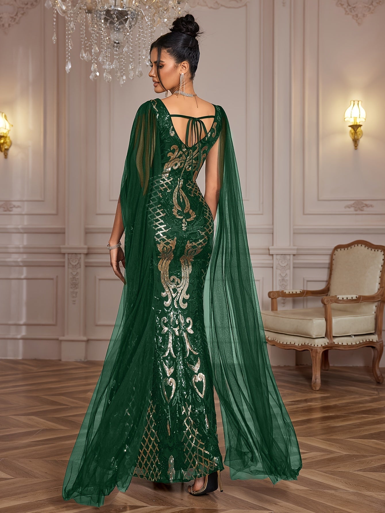 VougeVamp Elegant Geometric Sequined Evening Gown – V-Neck Bodycon Dress with Sheer Overlay - VougeVampUK