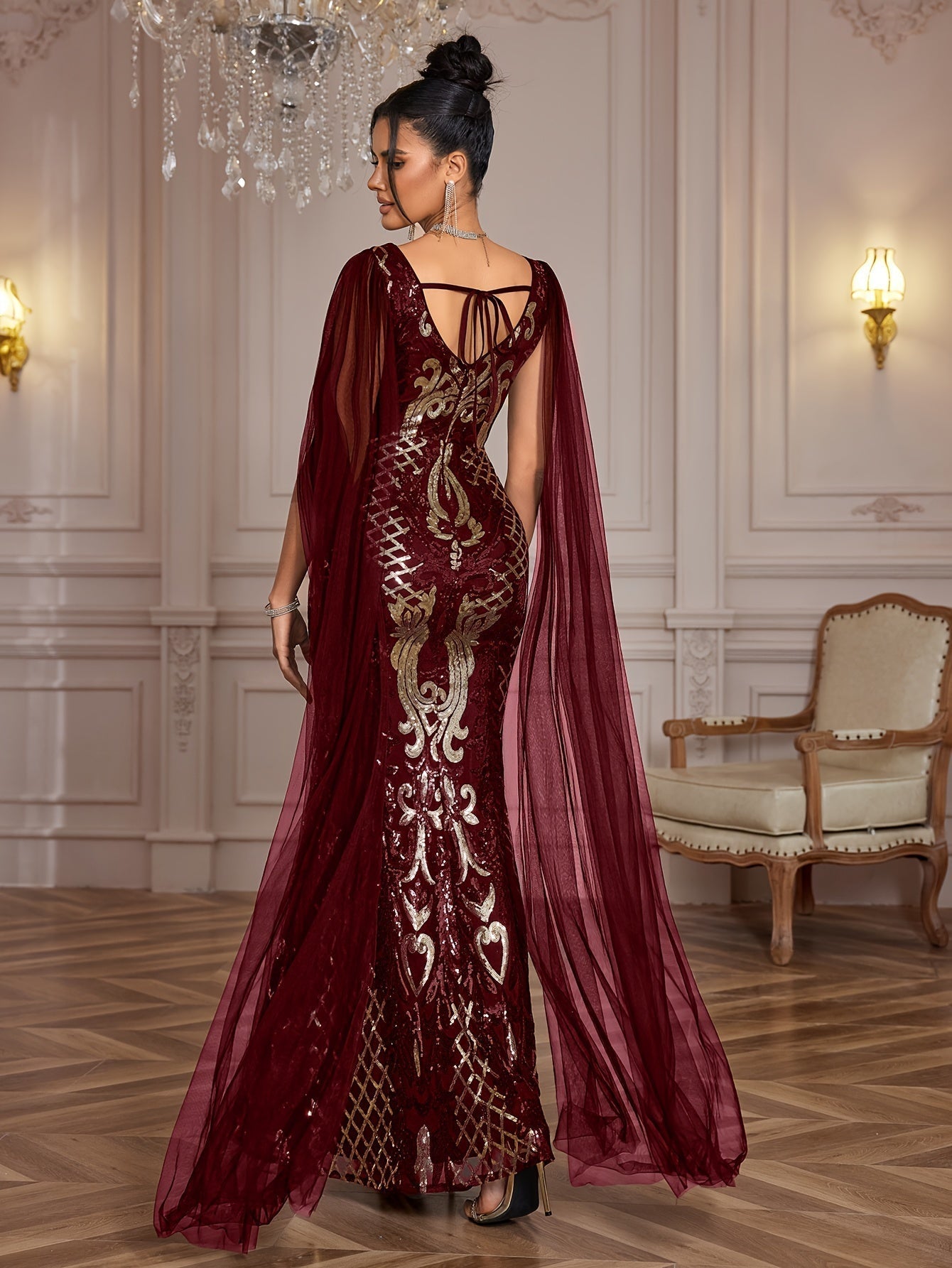 VougeVamp Elegant Geometric Sequined Evening Gown – V-Neck Bodycon Dress with Sheer Overlay - VougeVampUK