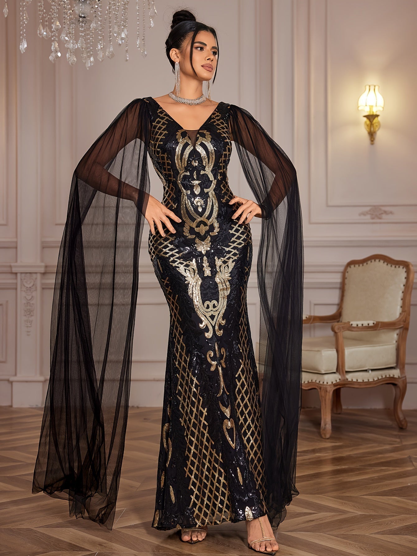 VougeVamp Elegant Geometric Sequined Evening Gown – V-Neck Bodycon Dress with Sheer Overlay - VougeVampUK