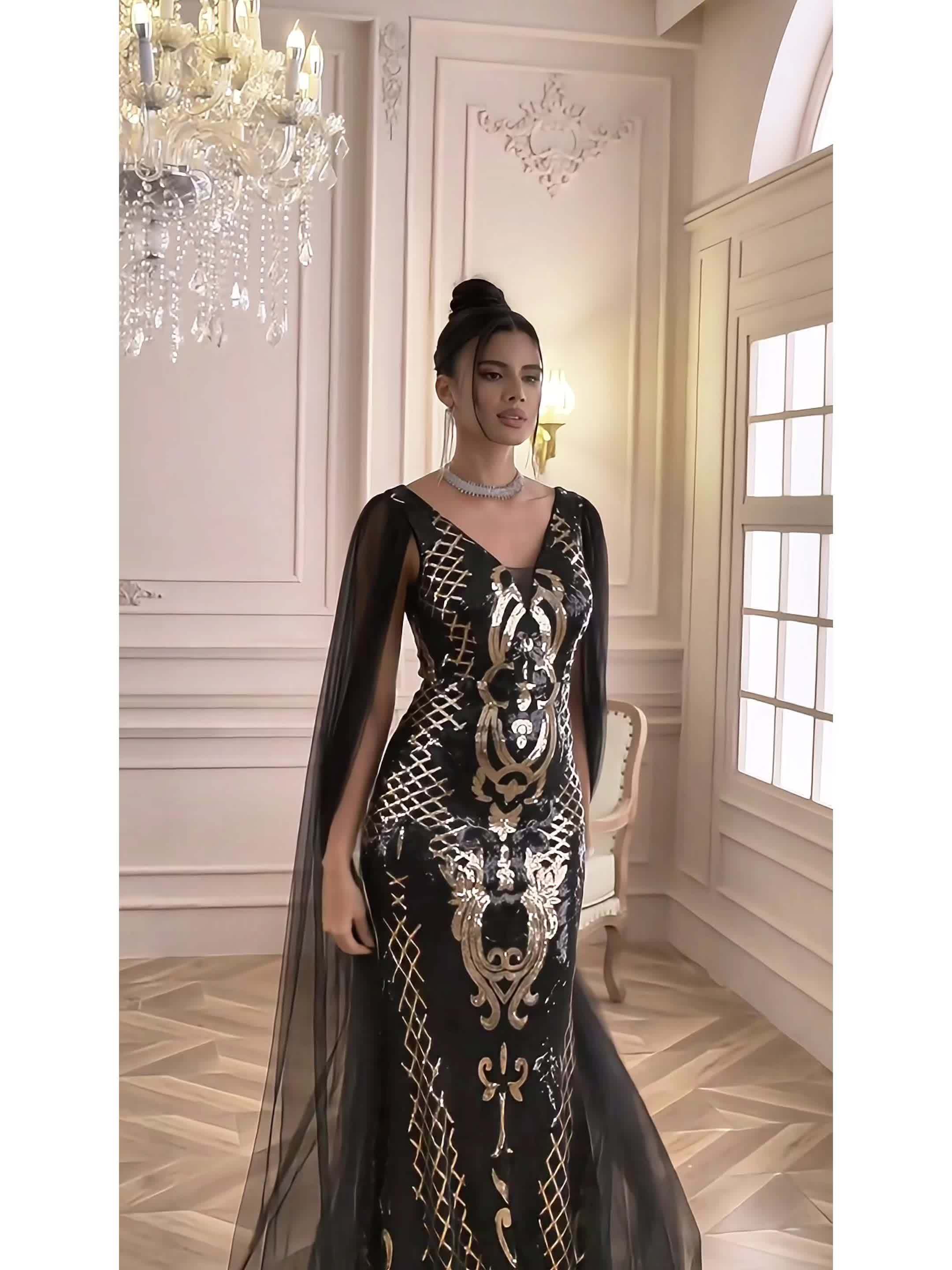 VougeVamp Elegant Geometric Sequined Evening Gown – V-Neck Bodycon Dress with Sheer Overlay - VougeVampUK