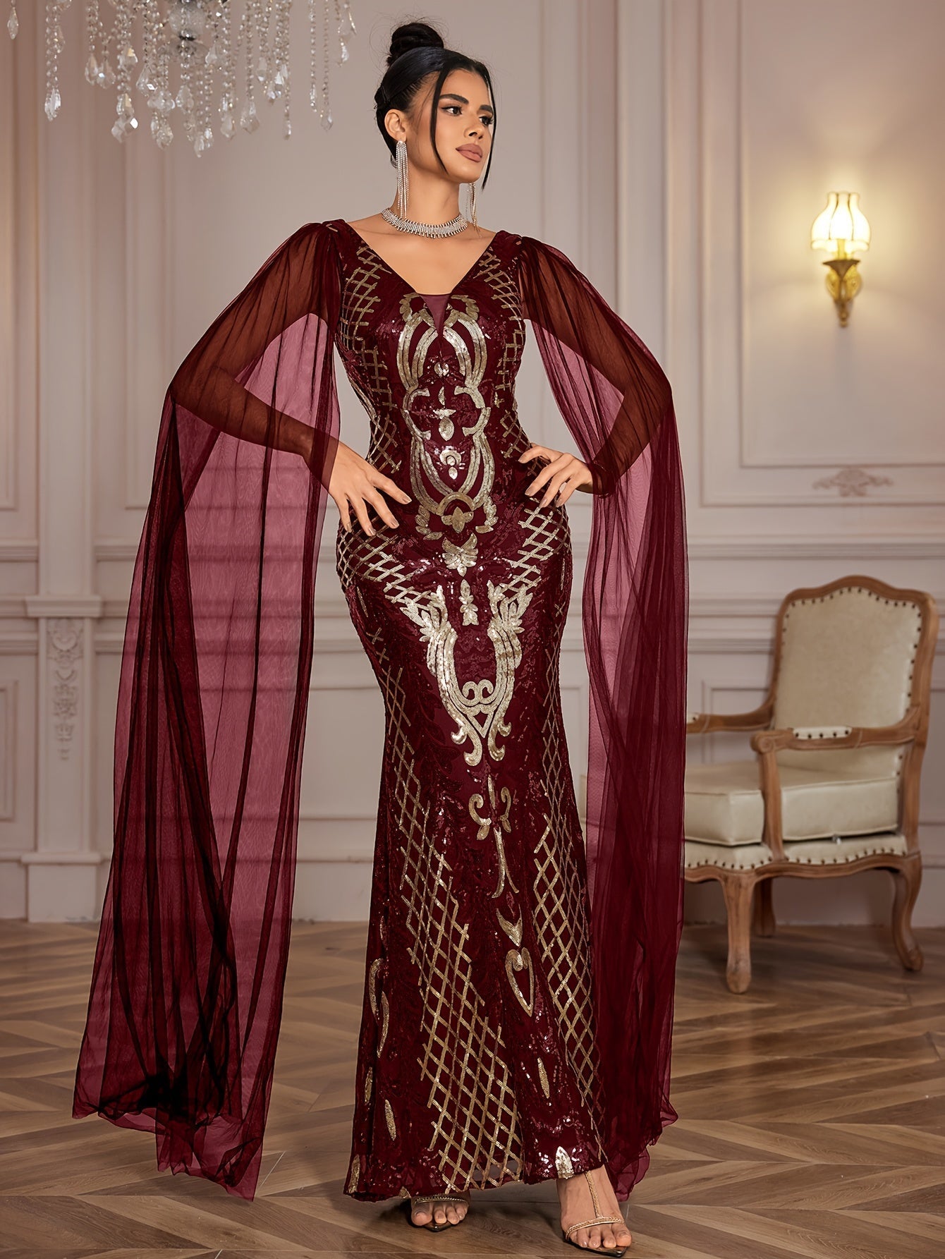 VougeVamp Elegant Geometric Sequined Evening Gown – V-Neck Bodycon Dress with Sheer Overlay - VougeVampUK