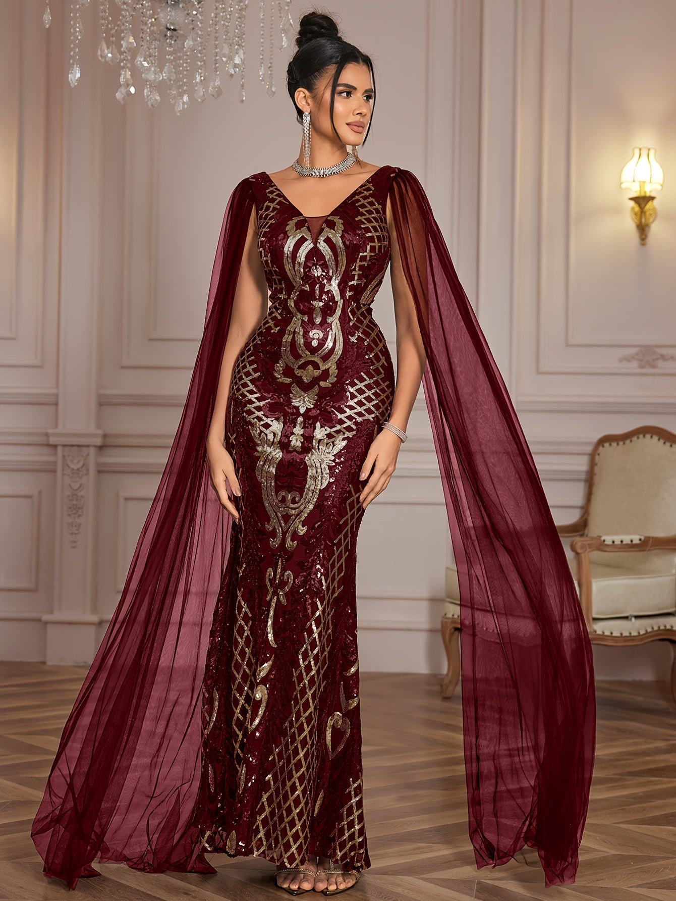 VougeVamp Elegant Geometric Sequined Evening Gown – V-Neck Bodycon Dress with Sheer Overlay - VougeVampUK
