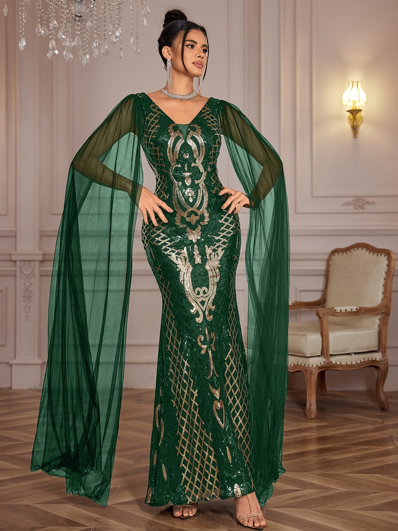 VougeVamp Elegant Geometric Sequined Evening Gown – V-Neck Bodycon Dress with Sheer Overlay - VougeVampUK