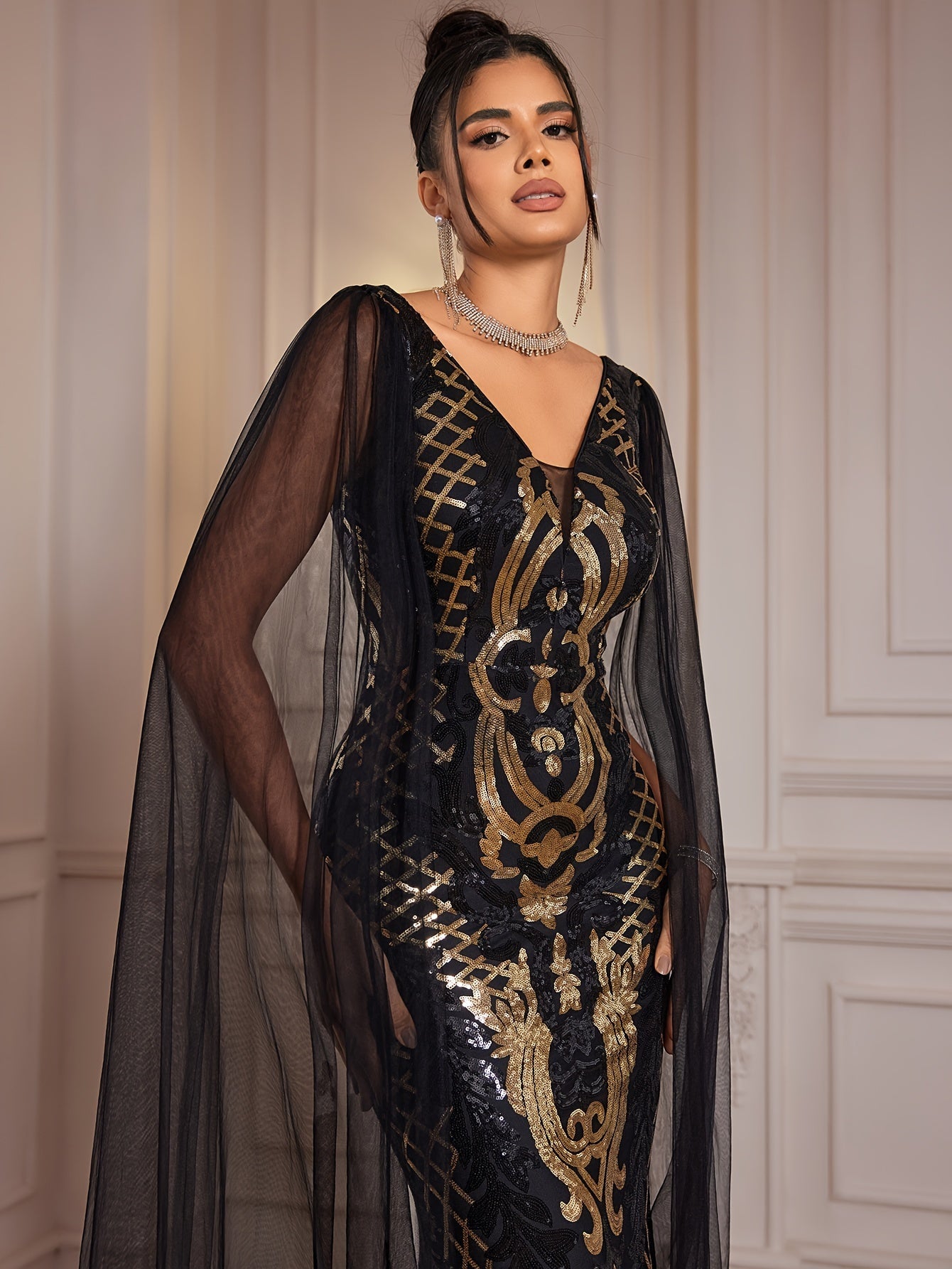 VougeVamp Elegant Geometric Sequined Evening Gown – V-Neck Bodycon Dress with Sheer Overlay - VougeVampUK