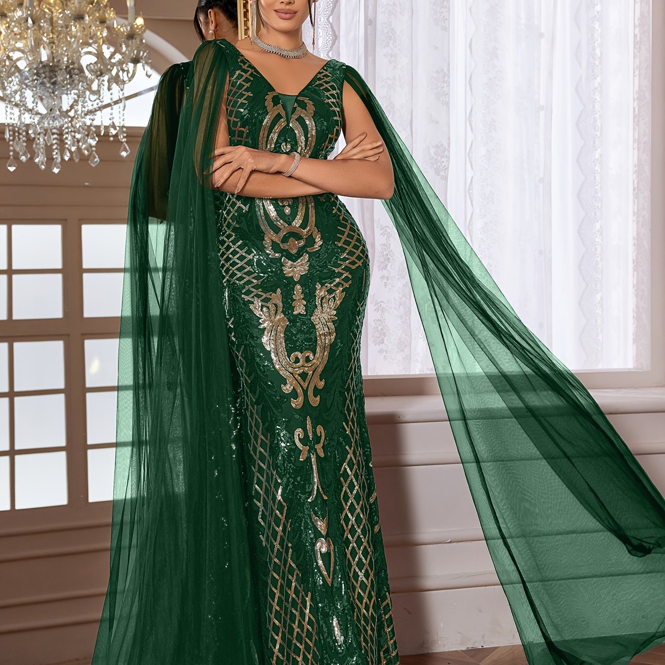 VougeVamp Elegant Geometric Sequined Evening Gown – V-Neck Bodycon Dress with Sheer Overlay - VougeVampUK