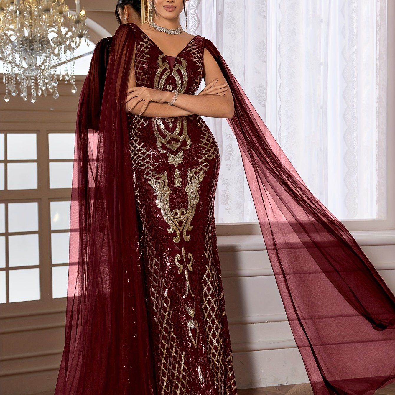 VougeVamp Elegant Geometric Sequined Evening Gown – V-Neck Bodycon Dress with Sheer Overlay - VougeVampUK