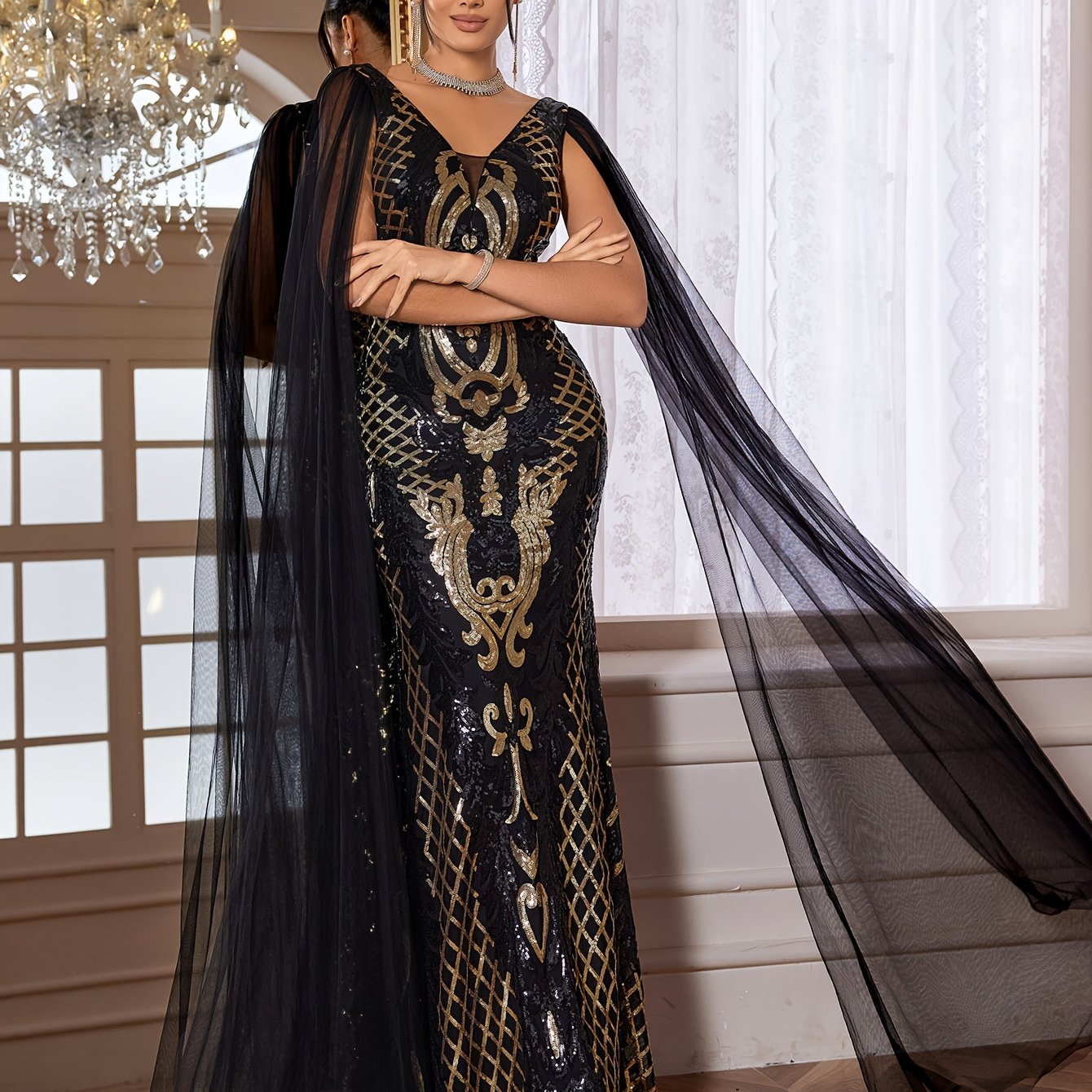 VougeVamp Elegant Geometric Sequined Evening Gown – V-Neck Bodycon Dress with Sheer Overlay - VougeVampUK