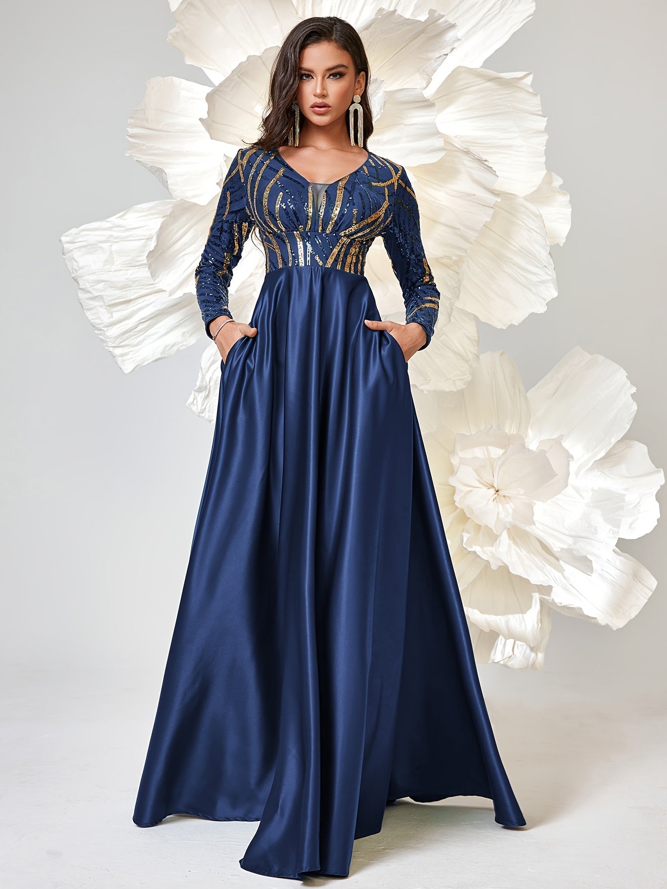 VougeVamp Sequined V-Neck Swing Bridesmaid Dress – Elegant Long Sleeve Wedding Party Gown