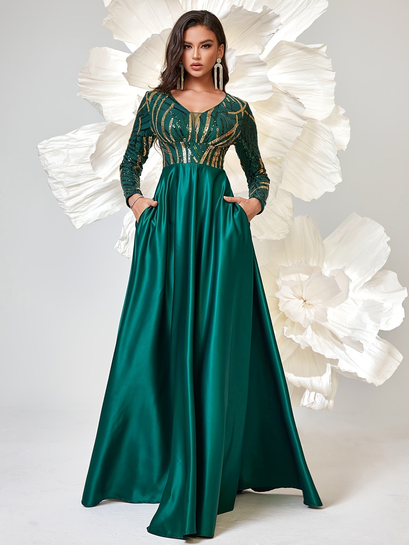 VougeVamp Sequined V-Neck Swing Bridesmaid Dress – Elegant Long Sleeve Wedding Party Gown