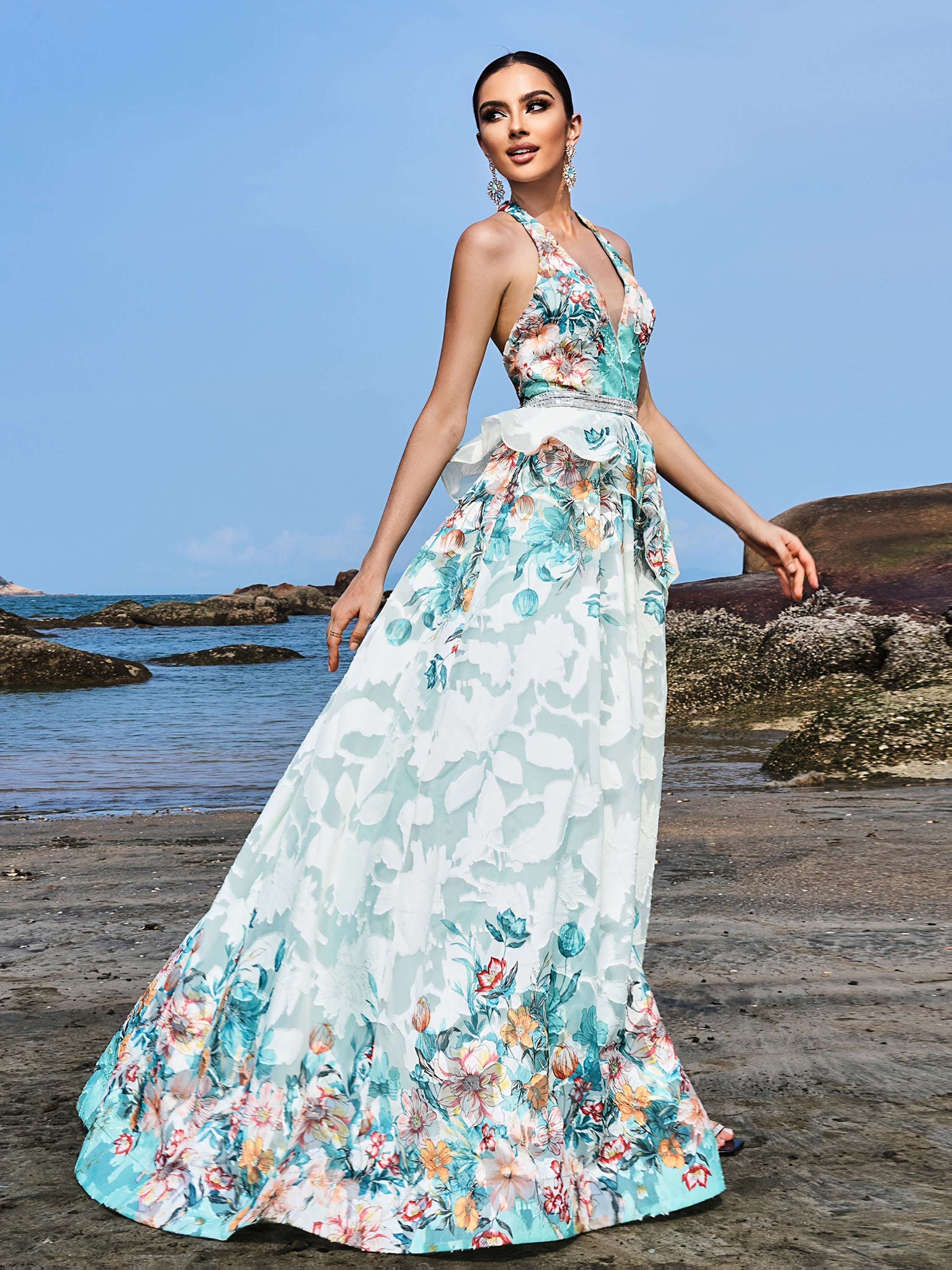 Elegant Floral Print Halter Neck Backless Dress with High Slit – Chic All-Season Gown