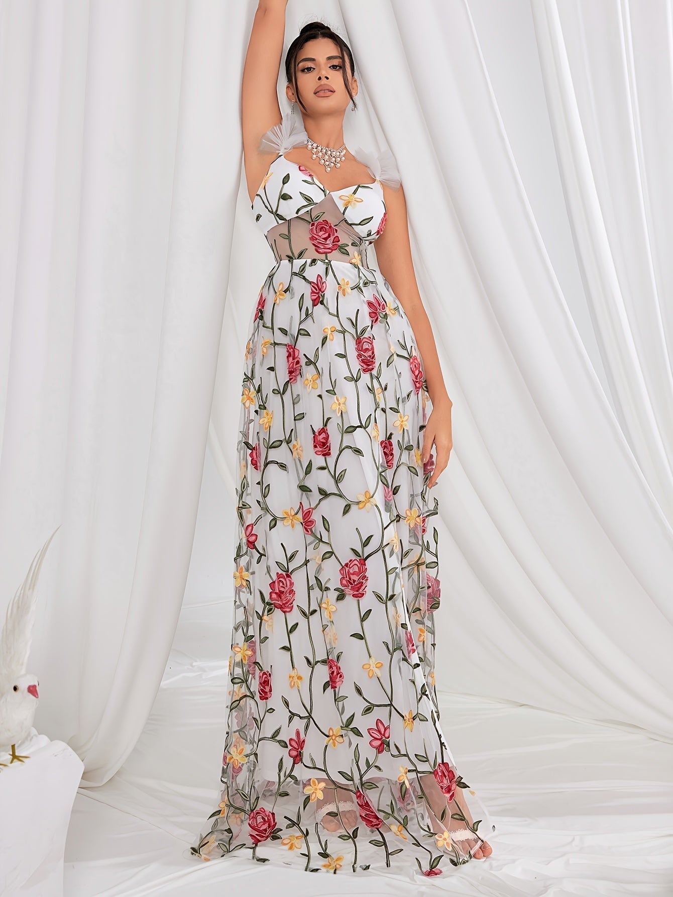 VougeVamp Women's Floral Embroidered Spaghetti Strap Dress – Elegant A-Line Swing Gown with Mesh Detail