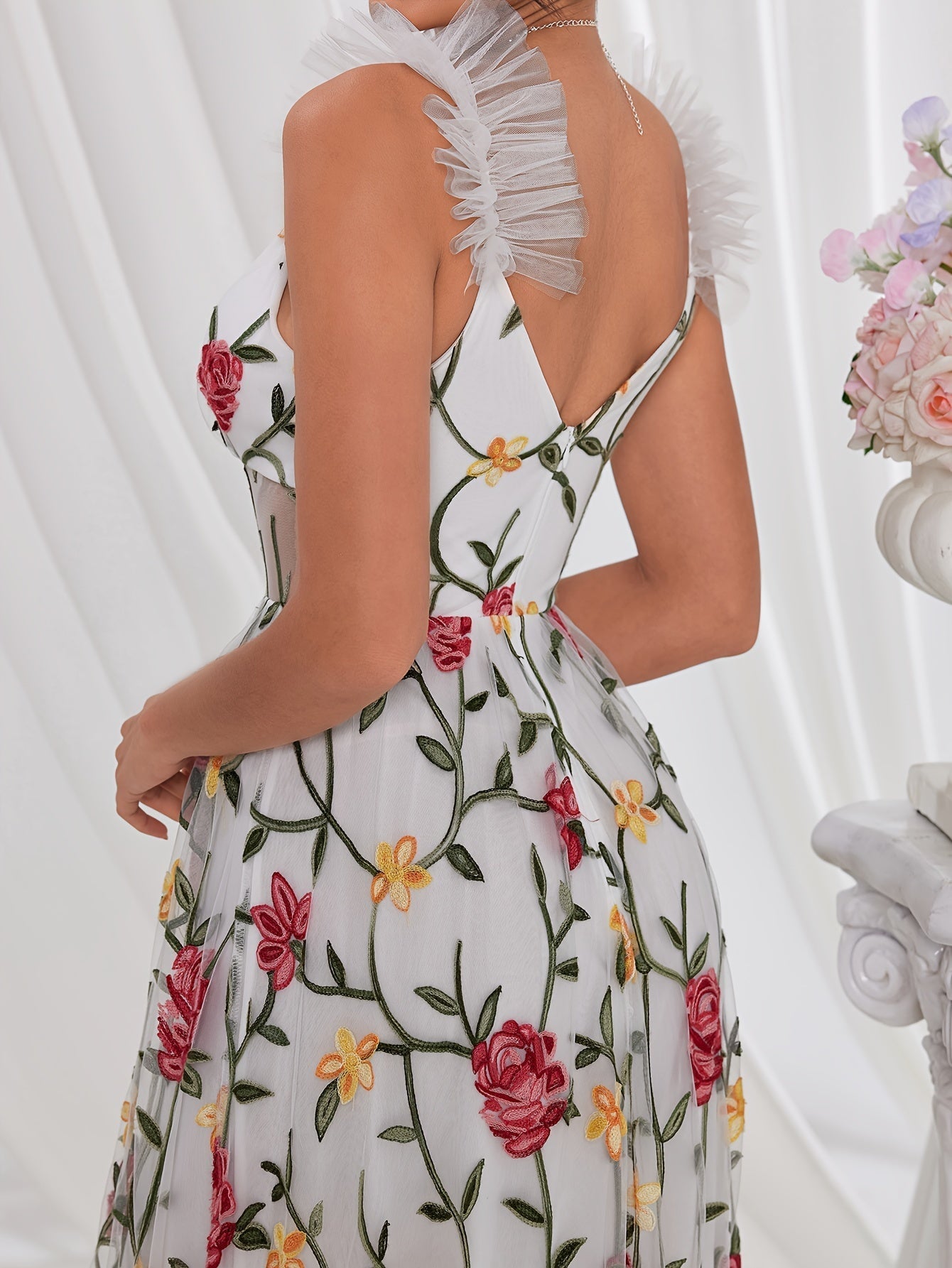 VougeVamp Women's Floral Embroidered Spaghetti Strap Dress – Elegant A-Line Swing Gown with Mesh Detail